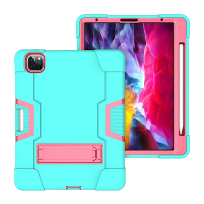 For iPad Pro 12.9 2021 / 2020 / 2019 Contrast Color Silicone + PC Protective Tablet Case with Holder(Mint Green + Rose Red) - iPad Pro 12.9 (2020) Cases by buy2fix | Online Shopping UK | buy2fix