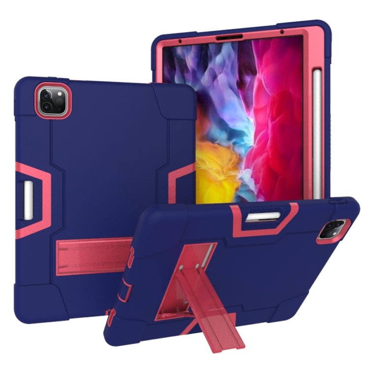 For iPad Pro 12.9 2021 / 2020 / 2019 Contrast Color Silicone + PC Protective Tablet Case with Holder(Navy Blue + Rose Red) - iPad Pro 12.9 (2020) Cases by buy2fix | Online Shopping UK | buy2fix