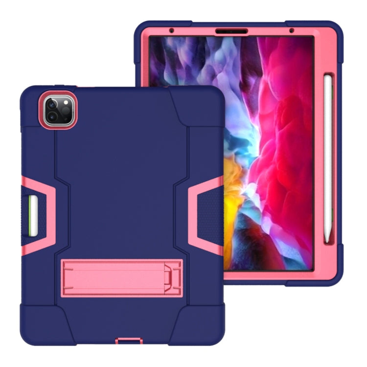 For iPad Pro 12.9 2021 / 2020 / 2019 Contrast Color Silicone + PC Protective Tablet Case with Holder(Navy Blue + Rose Red) - iPad Pro 12.9 (2020) Cases by buy2fix | Online Shopping UK | buy2fix