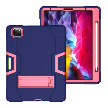 For iPad Pro 12.9 2021 / 2020 / 2019 Contrast Color Silicone + PC Protective Tablet Case with Holder(Navy Blue + Rose Red) - iPad Pro 12.9 (2020) Cases by buy2fix | Online Shopping UK | buy2fix