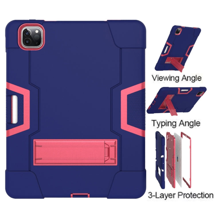 For iPad Pro 12.9 2021 / 2020 / 2019 Contrast Color Silicone + PC Protective Tablet Case with Holder(Navy Blue + Rose Red) - iPad Pro 12.9 (2020) Cases by buy2fix | Online Shopping UK | buy2fix