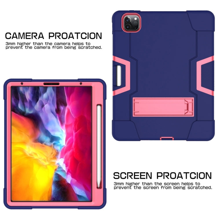 For iPad Pro 12.9 2021 / 2020 / 2019 Contrast Color Silicone + PC Protective Tablet Case with Holder(Navy Blue + Rose Red) - iPad Pro 12.9 (2020) Cases by buy2fix | Online Shopping UK | buy2fix