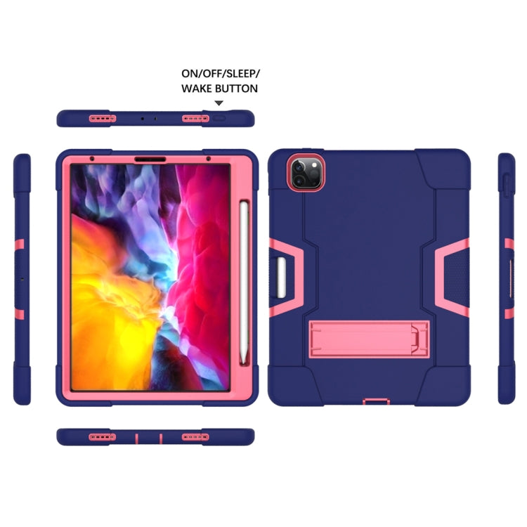 For iPad Pro 12.9 2021 / 2020 / 2019 Contrast Color Silicone + PC Protective Tablet Case with Holder(Navy Blue + Rose Red) - iPad Pro 12.9 (2020) Cases by buy2fix | Online Shopping UK | buy2fix