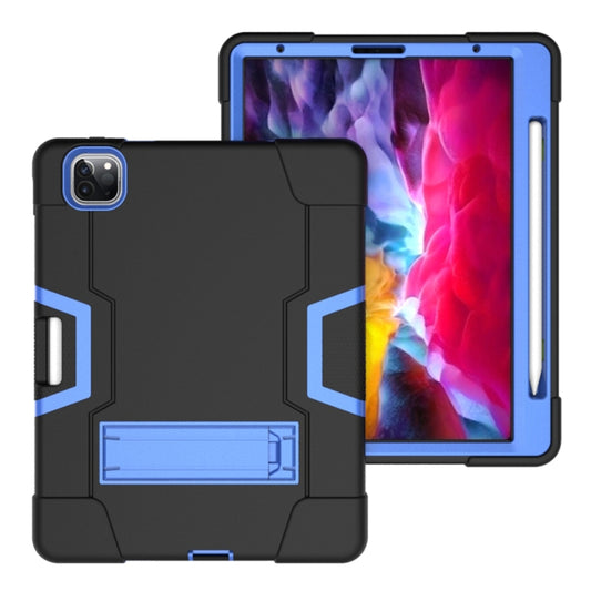 For iPad Pro 12.9 2021 / 2020 / 2019 Contrast Color Silicone + PC Protective Tablet Case with Holder(Black + Blue) - iPad Pro 12.9 (2020) Cases by buy2fix | Online Shopping UK | buy2fix