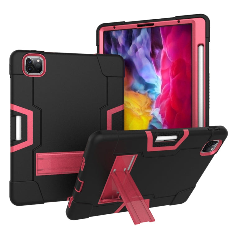 For iPad Pro 12.9 2021 / 2020 / 2019 Contrast Color Silicone + PC Protective Tablet Case with Holder(Black + Rose Red) - iPad Pro 12.9 (2020) Cases by buy2fix | Online Shopping UK | buy2fix