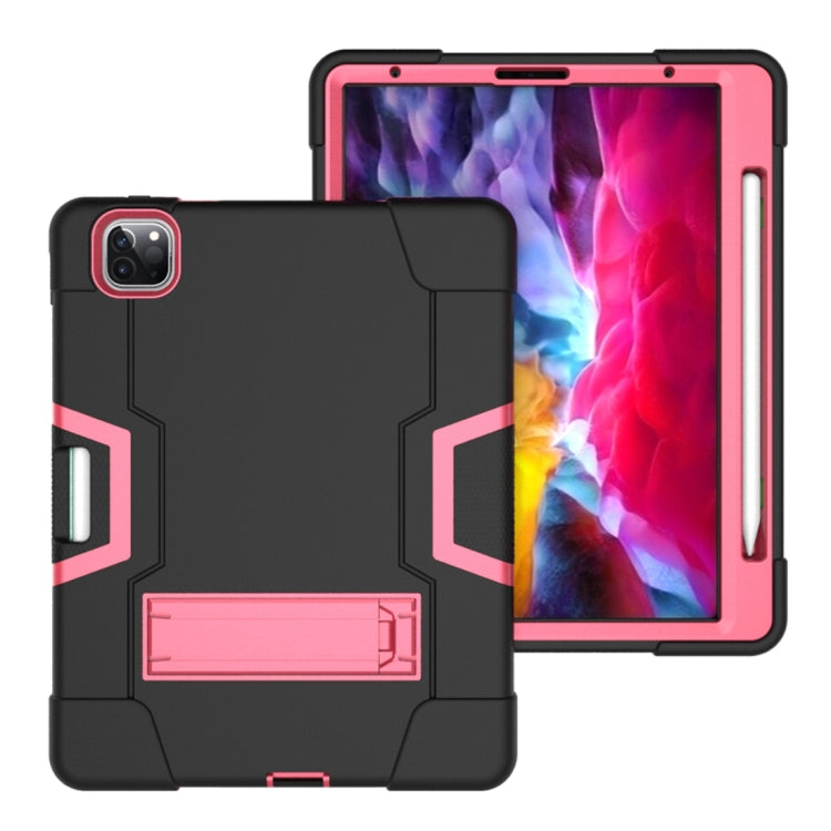 For iPad Pro 12.9 2021 / 2020 / 2019 Contrast Color Silicone + PC Protective Tablet Case with Holder(Black + Rose Red) - iPad Pro 12.9 (2020) Cases by buy2fix | Online Shopping UK | buy2fix