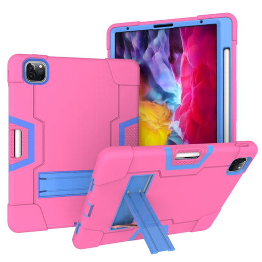 For iPad Pro 12.9 2021 / 2020 / 2019 Contrast Color Silicone + PC Protective Tablet Case with Holder(Rose Red + Blue) - iPad Pro 12.9 (2020) Cases by buy2fix | Online Shopping UK | buy2fix