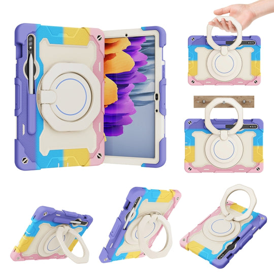 For Samsung Galaxy Tab S10 Lite / S10 FE Armor Portable Rotating Ring Holder Silicone Tablet Case(Colorful Pink)