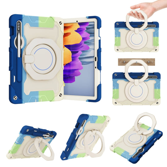 For Samsung Galaxy Tab S10 Lite / S10 FE Armor Portable Rotating Ring Holder Silicone Tablet Case(Colorful Blue)