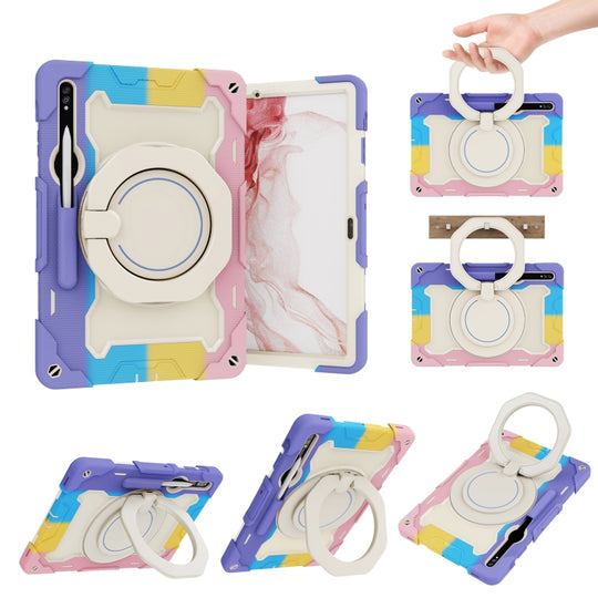 For Samsung Galaxy Tab S10+ / S9+ / S9 FE+ Armor Portable Rotating Ring Holder Silicone Tablet Case(Colorful Pink)