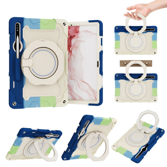 For Samsung Galaxy Tab S10+ / S9+ / S9 FE+ Armor Portable Rotating Ring Holder Silicone Tablet Case(Colorful Blue)