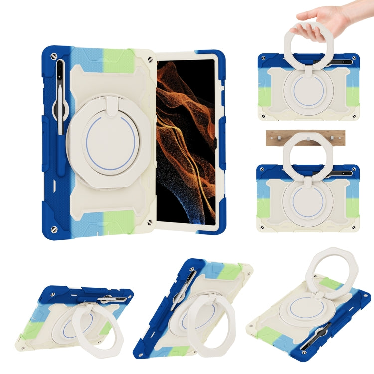 For Samsung Galaxy Tab S9 Ultra Armor Portable Rotating Ring Holder Silicone Tablet Case(Colorful Blue) - Galaxy Tab S9 Ultra Cases by buy2fix | Online Shopping UK | buy2fix