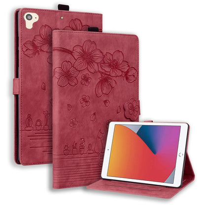 For iPad Pro 9.7 / 9.7 2018 / 2017 Cartoon Sakura Cat Embossed Smart Leather Tablet Case(Red) - iPad Pro 9.7 inch Cases by buy2fix | Online Shopping UK | buy2fix