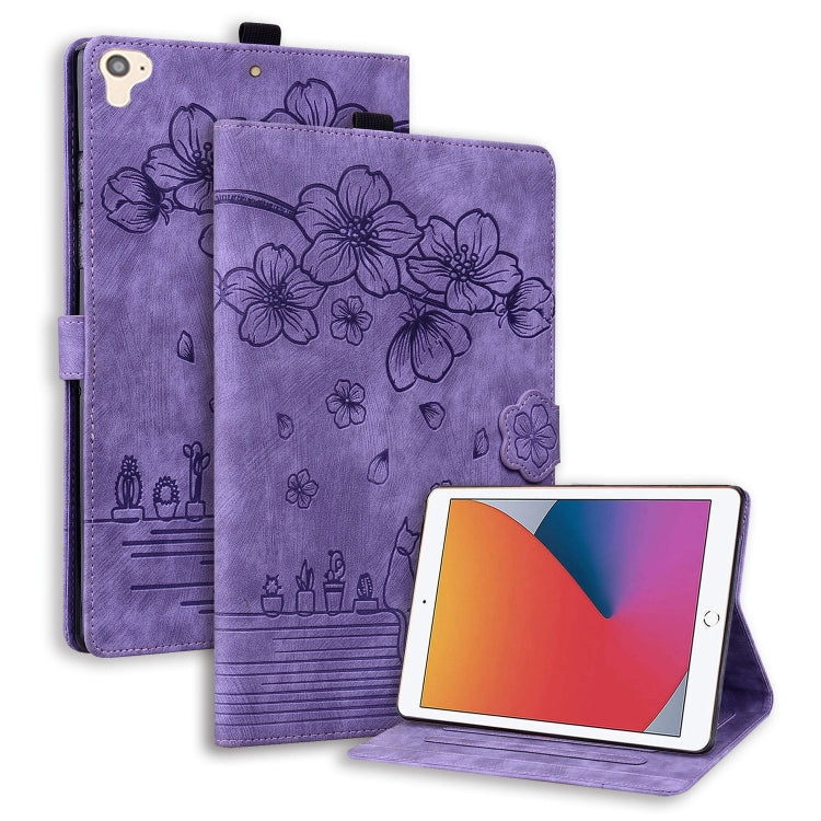 For iPad Pro 9.7 / 9.7 2018 / 2017 Cartoon Sakura Cat Embossed Smart Leather Tablet Case(Purple) - iPad Pro 9.7 inch Cases by buy2fix | Online Shopping UK | buy2fix