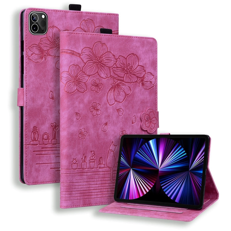 For iPad Pro 12.9 2022 / 2021 Cartoon Sakura Cat Embossed Smart Leather Tablet Case(Rose Red) - iPad Pro 12.9 (2022/2021) Cases by buy2fix | Online Shopping UK | buy2fix