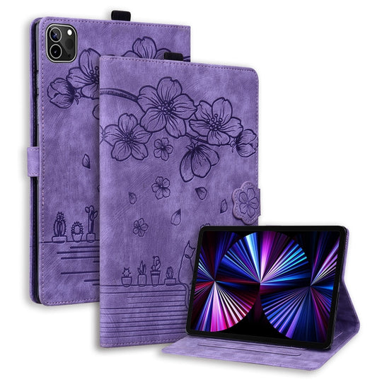 For iPad Pro 12.9 2022 / 2021 Cartoon Sakura Cat Embossed Smart Leather Tablet Case(Purple)
