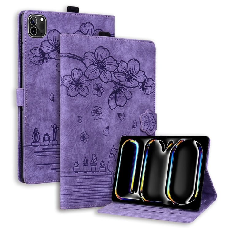 For iPad Pro 11 2025 / 2024 Cartoon Sakura Cat Embossed Smart Leather Tablet Case(Purple) by buy2fix
