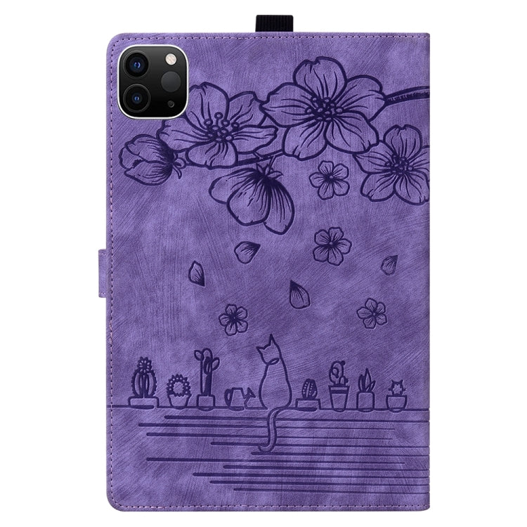 For iPad Pro 11 2025 / 2024 Cartoon Sakura Cat Embossed Smart Leather Tablet Case(Purple) by buy2fix