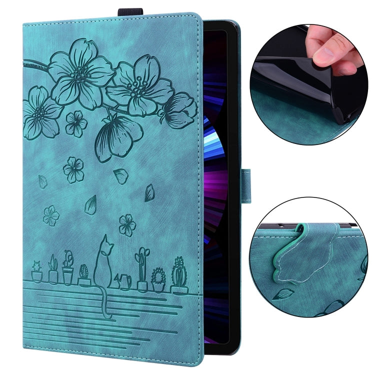 For Samsung Galaxy Tab S9 /S8 /S7 Cartoon Sakura Cat Embossed Smart Leather Tablet Case(Green) - Galaxy Tab S9 Cases by buy2fix | Online Shopping UK | buy2fix