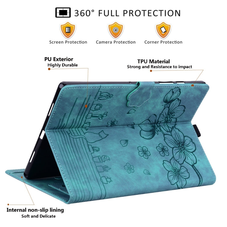 For Samsung Galaxy Tab S9 /S8 /S7 Cartoon Sakura Cat Embossed Smart Leather Tablet Case(Green) - Galaxy Tab S9 Cases by buy2fix | Online Shopping UK | buy2fix