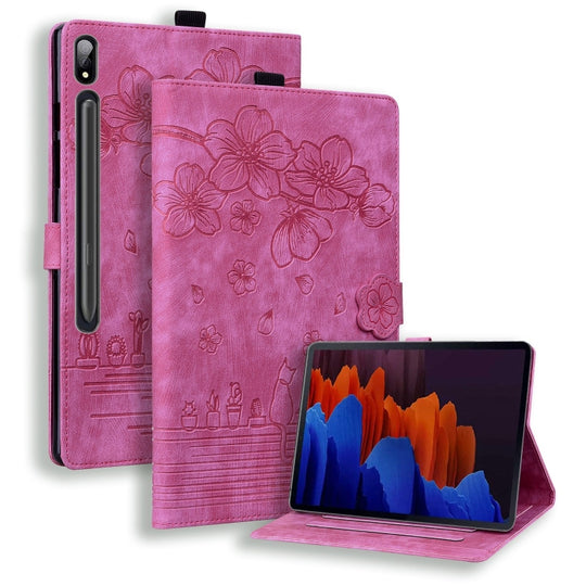For Galaxy Tab S11 / S10 / S9 Cartoon Sakura Cat Embossed Smart Leather Tablet Case(Rose Red)