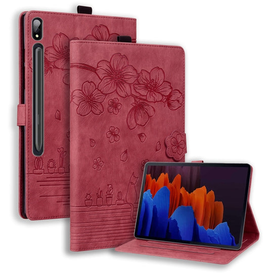 For Galaxy Tab S11 / S10 / S9 Cartoon Sakura Cat Embossed Smart Leather Tablet Case(Red)