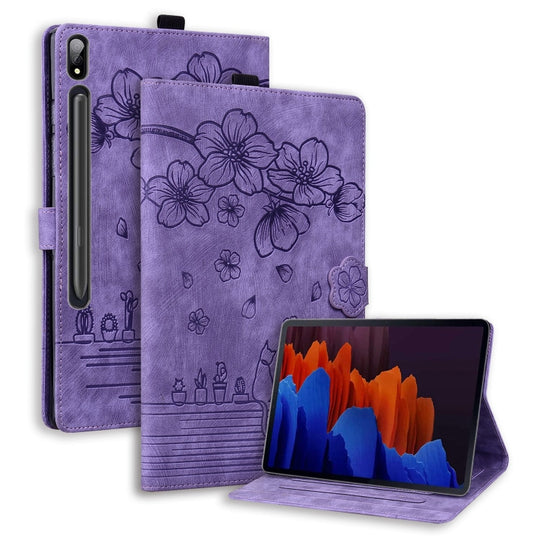 For Galaxy Tab S11 / S10 / S9 Cartoon Sakura Cat Embossed Smart Leather Tablet Case(Purple)