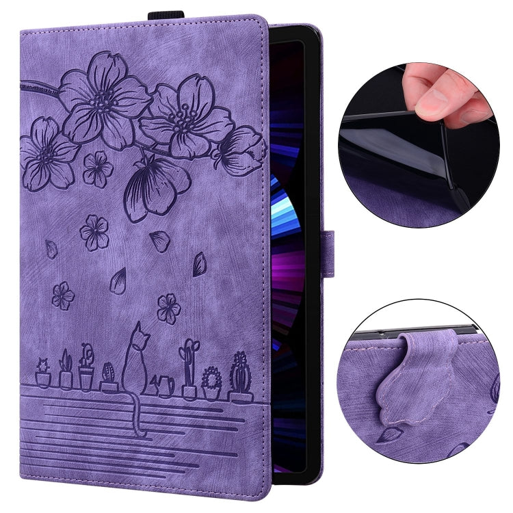 For Samsung Galaxy Tab S9 /S8 /S7 Cartoon Sakura Cat Embossed Smart Leather Tablet Case(Purple) - Galaxy Tab S9 Cases by buy2fix | Online Shopping UK | buy2fix