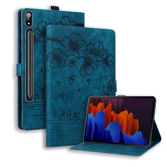 For Galaxy Tab S11 / S10 / S9 Cartoon Sakura Cat Embossed Smart Leather Tablet Case(Blue)