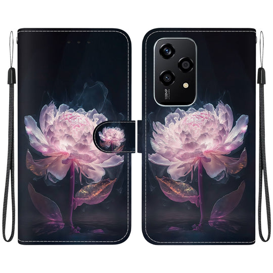 For Honor 200 Lite Global Crystal Texture Colored Drawing Leather Phone Case(Purple Peony)