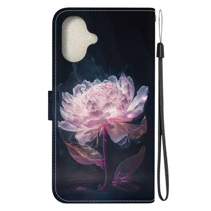 For iPhone 16 Crystal Texture Colored Drawing Leather Phone Case(Purple Peony) - iPhone 16 Cases by buy2fix | Online Shopping UK | buy2fix