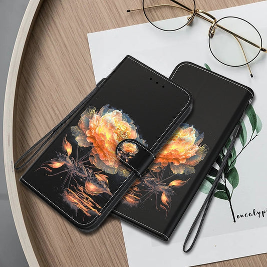 For iPhone 16 Crystal Texture Colored Drawing Leather Phone Case(Gold Peony) by buy2fix