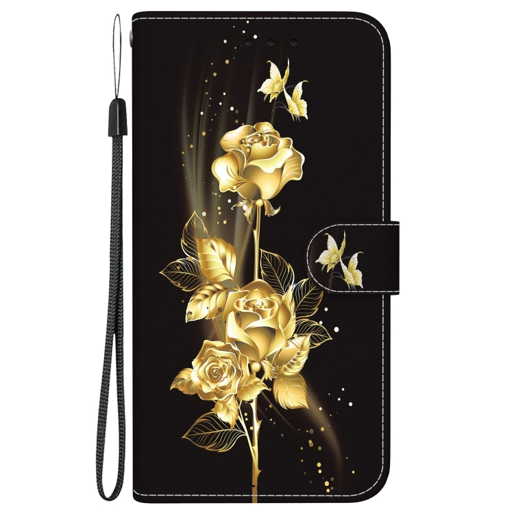 For iPhone 16 Crystal Texture Colored Drawing Leather Phone Case(Gold Butterfly Rose) - iPhone 16 Cases by buy2fix | Online Shopping UK | buy2fix