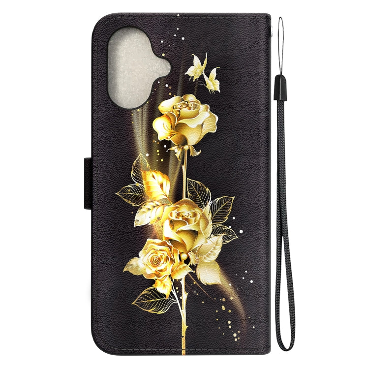 For iPhone 16 Crystal Texture Colored Drawing Leather Phone Case(Gold Butterfly Rose) - iPhone 16 Cases by buy2fix | Online Shopping UK | buy2fix