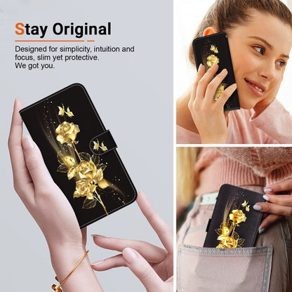 For iPhone 16 Crystal Texture Colored Drawing Leather Phone Case(Gold Butterfly Rose) - iPhone 16 Cases by buy2fix | Online Shopping UK | buy2fix