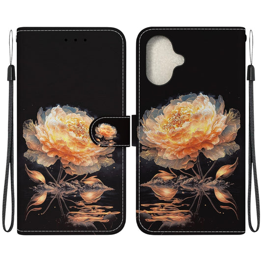 For iPhone 16 Plus Crystal Texture Colored Drawing Leather Phone Case(Gold Peony) - iPhone 16 Plus Cases by buy2fix | Online Shopping UK | buy2fix