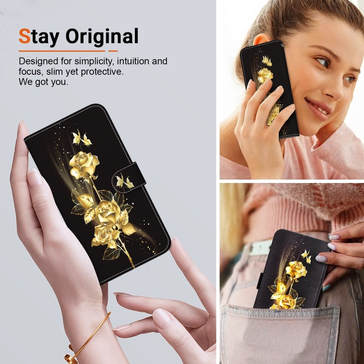 For iPhone 16 Plus Crystal Texture Colored Drawing Leather Phone Case(Gold Butterfly Rose) - iPhone 16 Plus Cases by buy2fix | Online Shopping UK | buy2fix