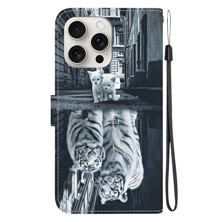 For iPhone 16 Pro Crystal Texture Colored Drawing Leather Phone Case(Cat Tiger Reflection) - iPhone 16 Pro Cases by buy2fix | Online Shopping UK | buy2fix