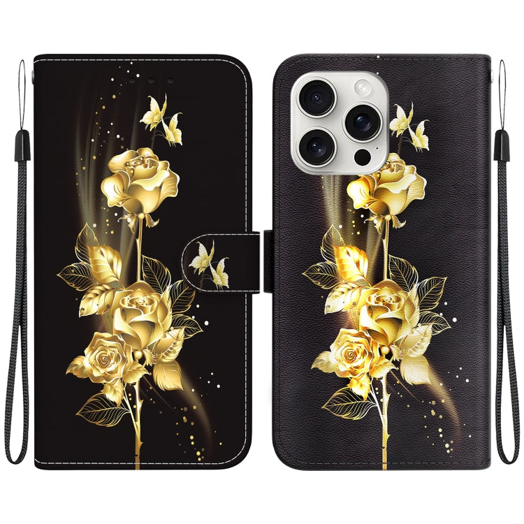 For iPhone 16 Pro Max Crystal Texture Colored Drawing Leather Phone Case(Gold Butterfly Rose) by buy2fix