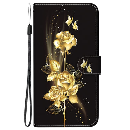 For iPhone 16 Pro Max Crystal Texture Colored Drawing Leather Phone Case(Gold Butterfly Rose) by buy2fix