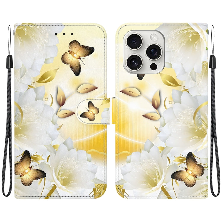 For iPhone 16 Pro Max Crystal Texture Colored Drawing Leather Phone Case(Gold Butterfly Epiphyllum) by buy2fix