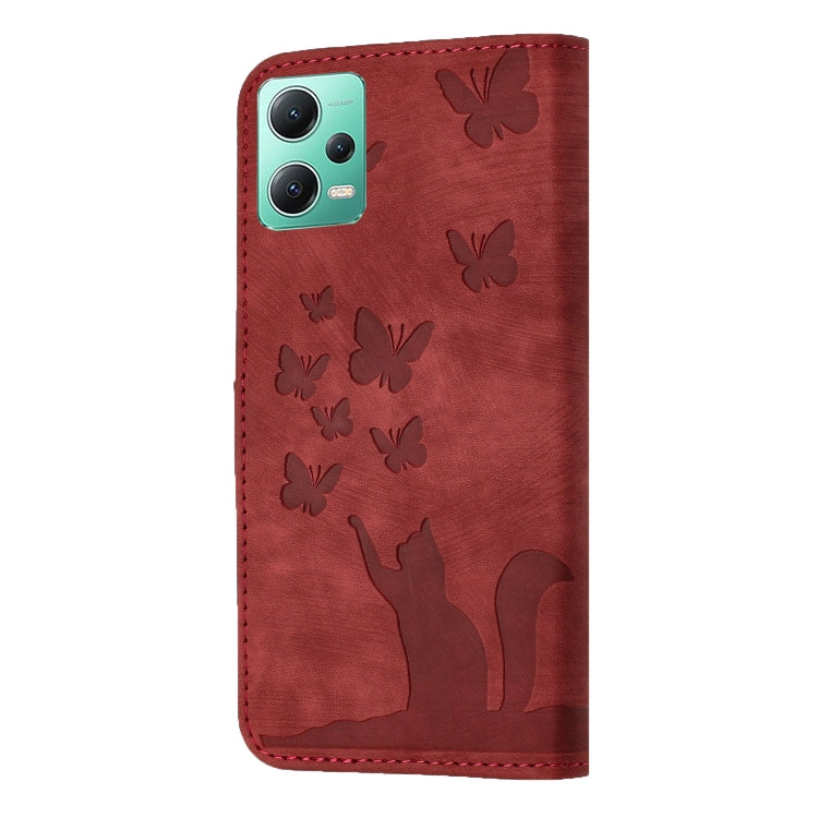 For Xiaomi Poco X5 / Redmi Note 12 5G Butterfly Cat Embossing Flip Leather Phone Case(Red) - Xiaomi Cases by buy2fix | Online Shopping UK | buy2fix