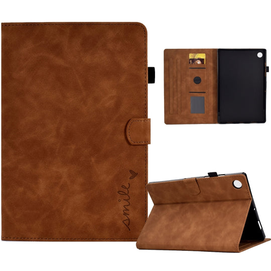 For Samsung Galaxy Tab A11 / A9 Embossed Smile Flip Smart Leather Tablet Case(Brown)