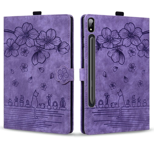 For Samsung Galaxy Tab S10 Ultra /S11 Ultra Cartoon Sakura Cat Embossed Leather Tablet Case(Purple) by buy2fix