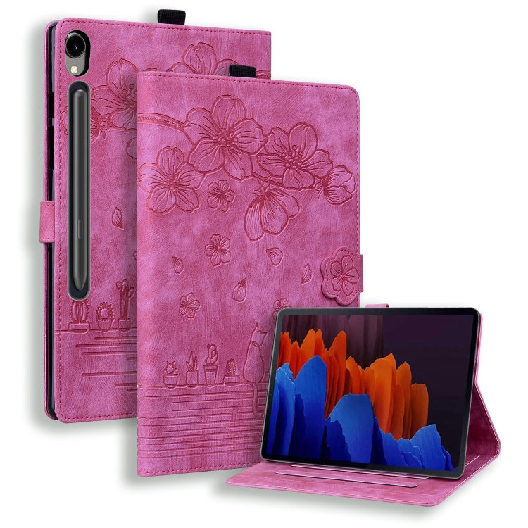 For Samsung Galaxy Tab S9 FE Cartoon Sakura Cat Embossed Leather Tablet Case(Rose Red) by buy2fix