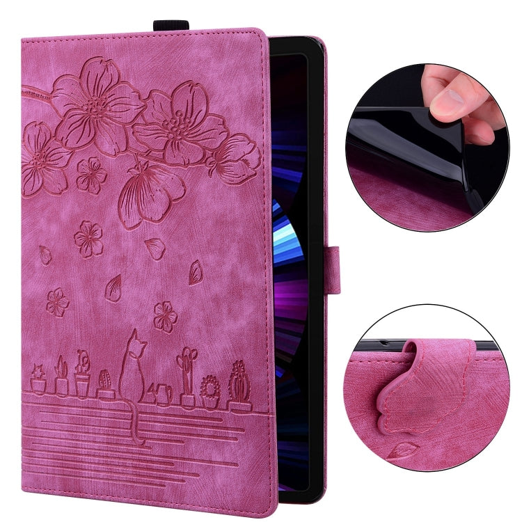 For Samsung Galaxy Tab S9 FE Cartoon Sakura Cat Embossed Leather Tablet Case(Rose Red) by buy2fix
