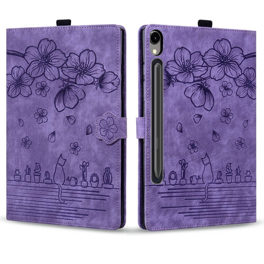 For Samsung Galaxy Tab S9 FE Cartoon Sakura Cat Embossed Leather Tablet Case(Purple) by buy2fix