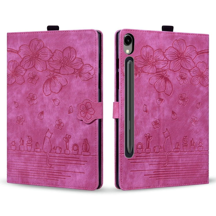For Samsung Galaxy Tab S9 FE+ Cartoon Sakura Cat Embossed Leather Tablet Case(Rose Red) by buy2fix