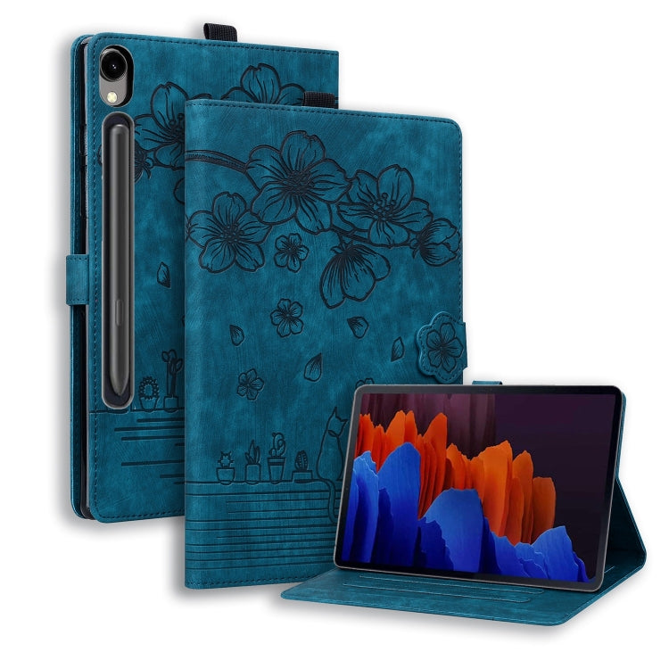 For Samsung Galaxy Tab S9 FE+ Cartoon Sakura Cat Embossed Leather Tablet Case(Blue) by buy2fix