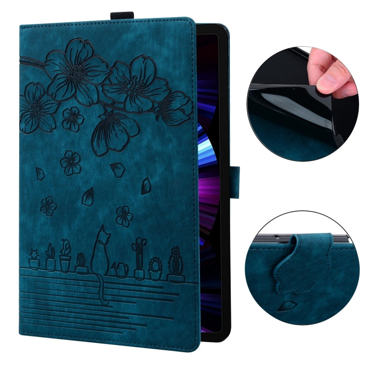 For Samsung Galaxy Tab S9 FE+ Cartoon Sakura Cat Embossed Leather Tablet Case(Blue) by buy2fix